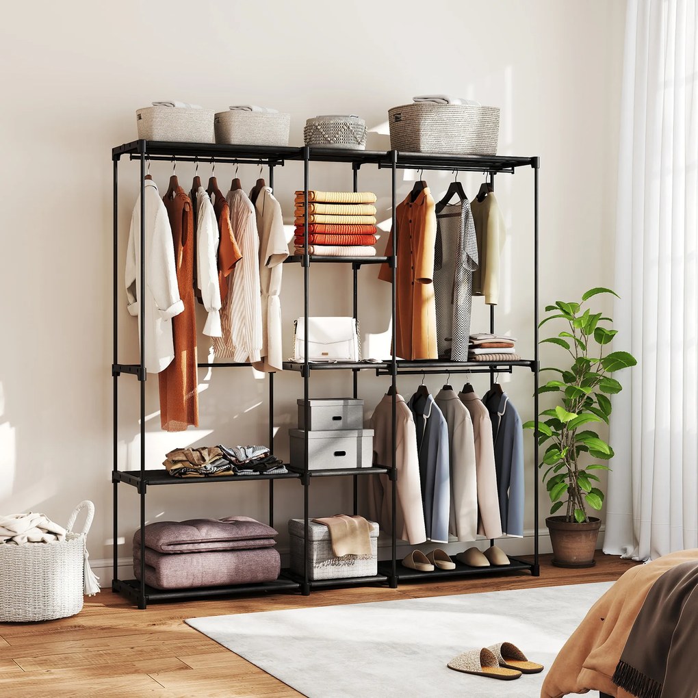 HOMCOM Dulap Garderobă din Material Textil cu 8 Rafturi și 3 Bare pentru Agățat, 182x43x185 cm, Negru | Aosom Romania