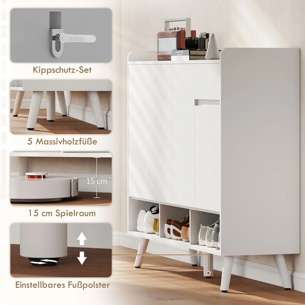 HOMCOM Dulap pentru pantofi cu design fără mânere, 4 uși, 4 rafturi reglabile, raft independent pentru pantofi cu 5 picioare din lemn, lemn, Alb | Aosom Romania