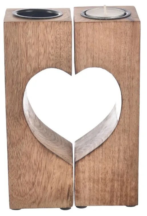 Suport pentru lumânări din lemn de mangoși metal InDecor Heart , 13,5 x 7 x 20 cm