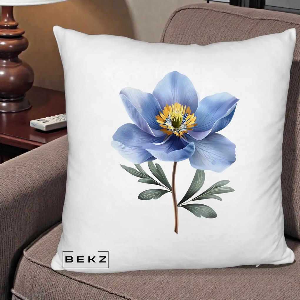 Perna Decorativa Anemona Albastra Botanica, 40x40 cm, Alb Pufos, Husa Detasabila, Perna Inclusa, BEKZ®