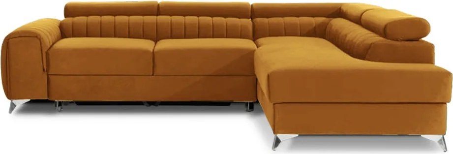 Colțar galben extensibil/cu spațiu de depozitare cu tapițerie din catifea (cu colț pe partea dreaptă/în formă de ”L”) Laurence – ELTAP