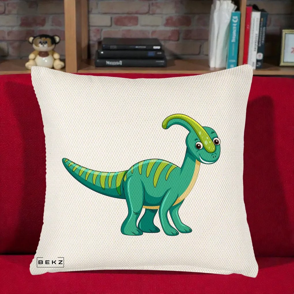 Perna Decorativa Parasaur Verde, 40x40 cm, Crem Reliefat, Husa Detasabila, Perna Inclusa, BEKZ®