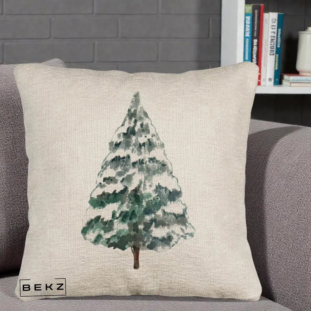 Perna Decorativa Canapea cu tematica de Craciun, Brad 2, 40x40 cm, Bej Canapea, Husa Detasabila, Perna Inclusa, BEKZ®