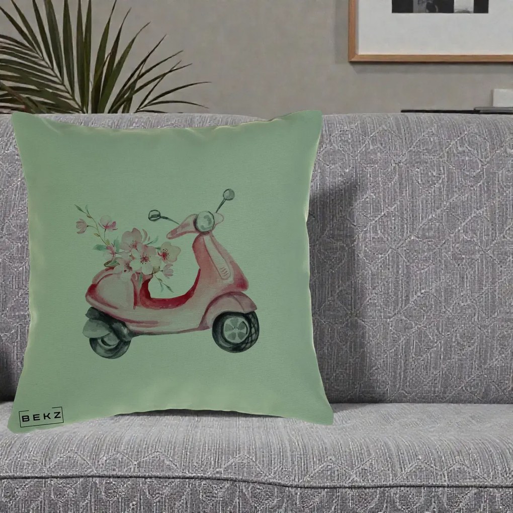 Perna Decorativa Scuter Roz cu Flori Acuarela, 40x40 cm, Verde, Husa Detasabila, Perna Inclusa, BEKZ®