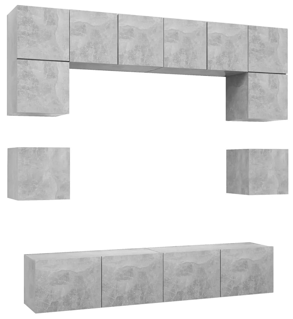 3079111 vidaXL Set de dulapuri TV, 8 piese, gri beton, lemn prelucrat