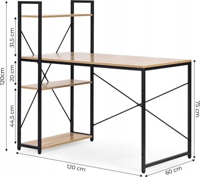 Birou cu raft LOFTY 120x60 cm, negru / decor stejar