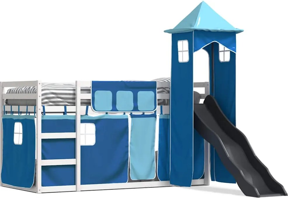 vidaXL Pat supraetajat cu tobogan și perdele, albastru, 90x190 cm