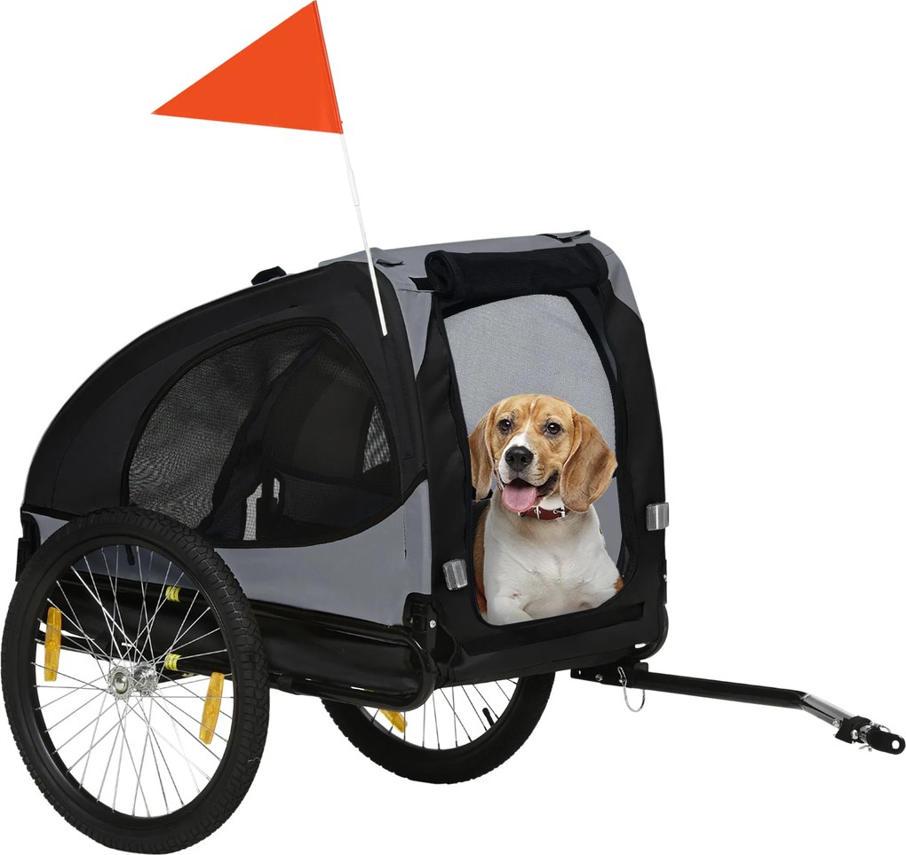 PawHut remorcă pentru câini, ferestre din plasă, prelată rulabilă, cuplaj universal, cadru din oțel, Negru, 140 x 71 x 83 cm | Aosom Romania