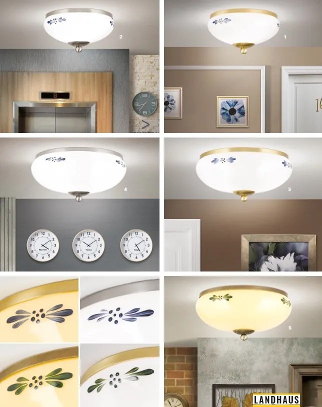 Plafoniera clasica Landhaus 21cm alama satin/ sticla opal decor albastru