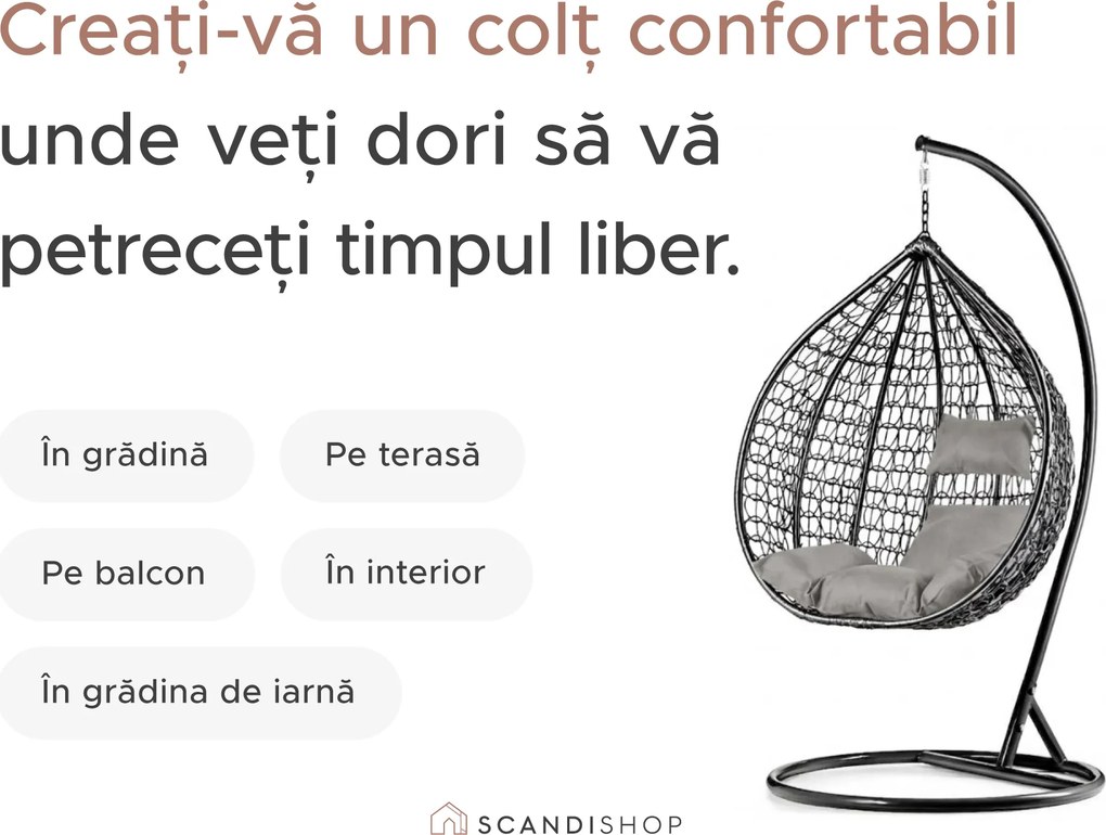 Scaun suspendat alb KOKON cu suport, perna alb-gri
