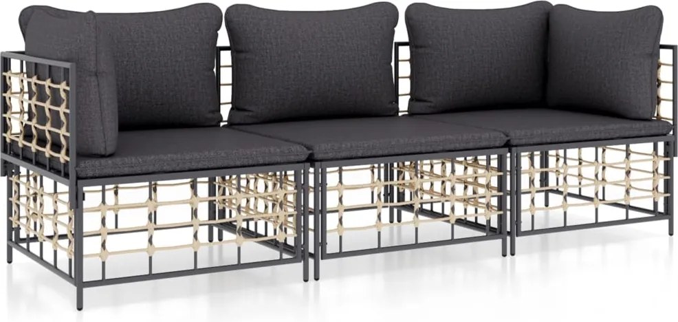 vidaXL Set șezlonguri de grădină 3 piese cu perne, antracit, poliratan