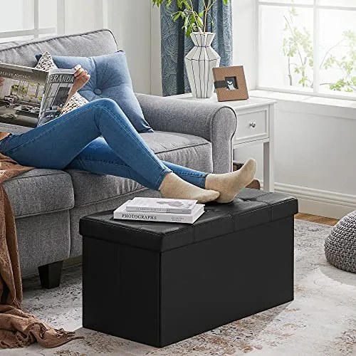 Bancheta cu capac si spatiu depozitare, 76 x 38 x 38 cm, MDF / piele ecologica, negru, Songmics