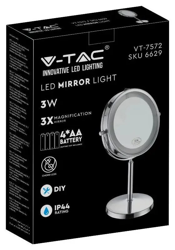 Oglinda dubla LED pentru machiaj 6629-VT, marire 1X sau 3X, stativ crom, alimentare cu baterii, V-TAC