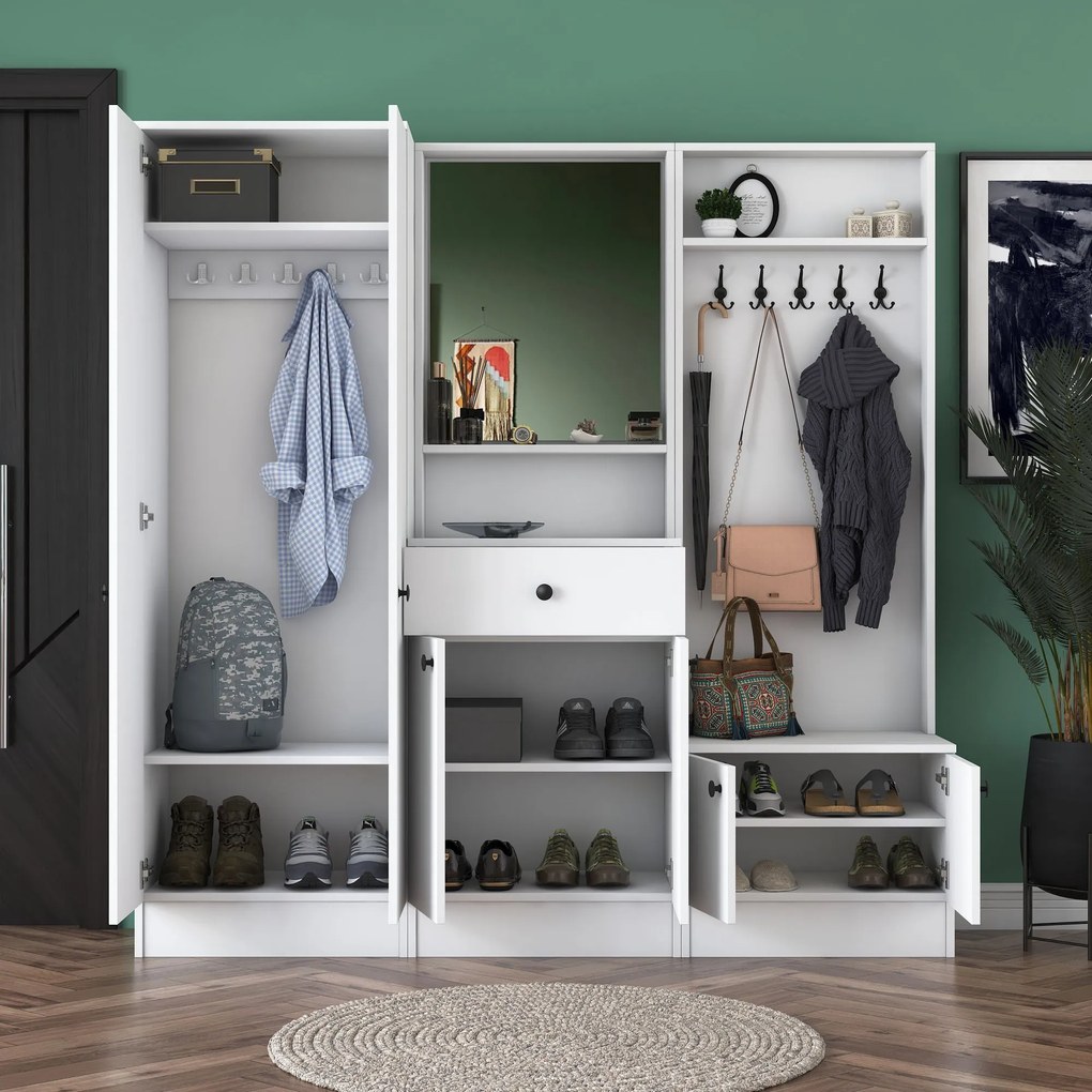 Pantofar Cuier Hol Genus cu 6 usi si oglinda, Alb, 180 x 183 x 37 cm