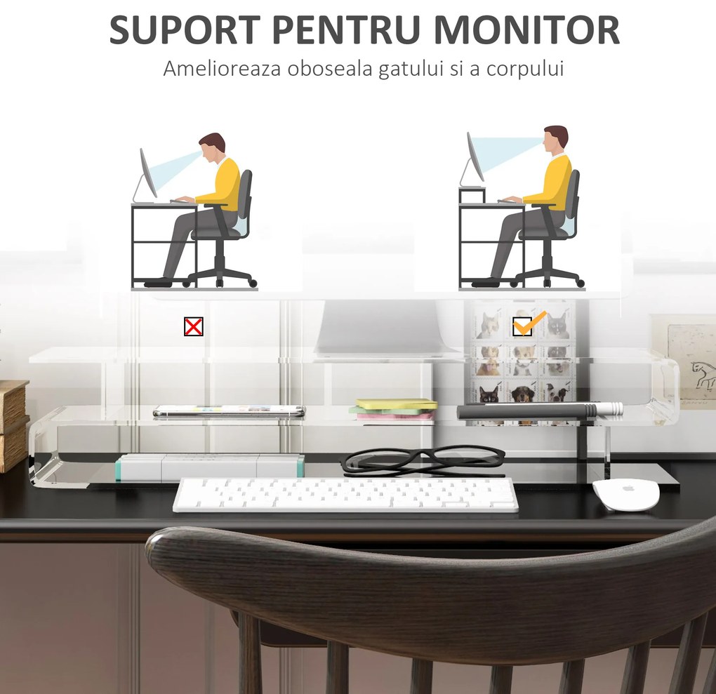 HOMCOM Suport Monitor Acrilic cu Spațiu pentru Tastatură, Organizator Birou Multifuncțional, Transparent, 50.8x19x12 cm | Aosom Romania