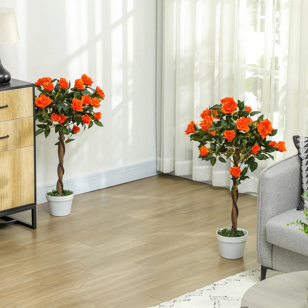 Outsunny Plantă Artificială de Trandafir cu 21 de Flori Ø18x90 cm Portocaliu cu Vas | Aosom Romania
