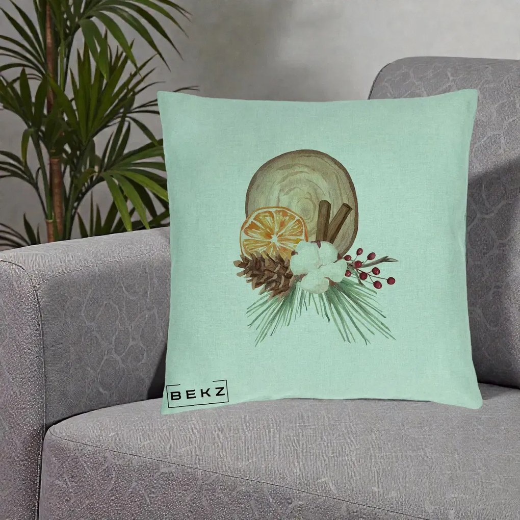 Perna Decorativa Aranjament de Craciun Nordic, 40x40 cm, Verde Menta, Husa Detasabila, Perna Inclusa, BEKZ®