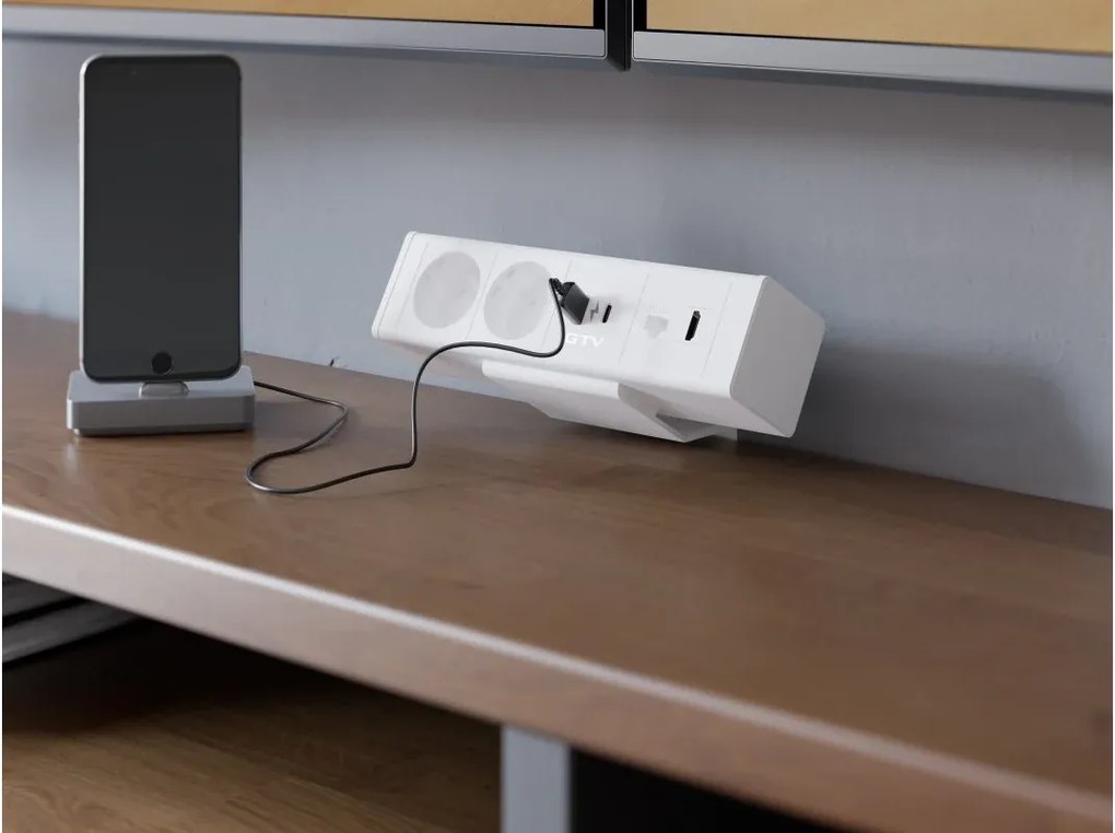 Priză pentru birou Bar GTV, 2 prize Schuko, USB A + C, HDMI, RJ45, alb, 166.5 x 96 mm Alb, Aluminiu/Plastic, L:166.5 mm; l:96 mm; H:170 mm
