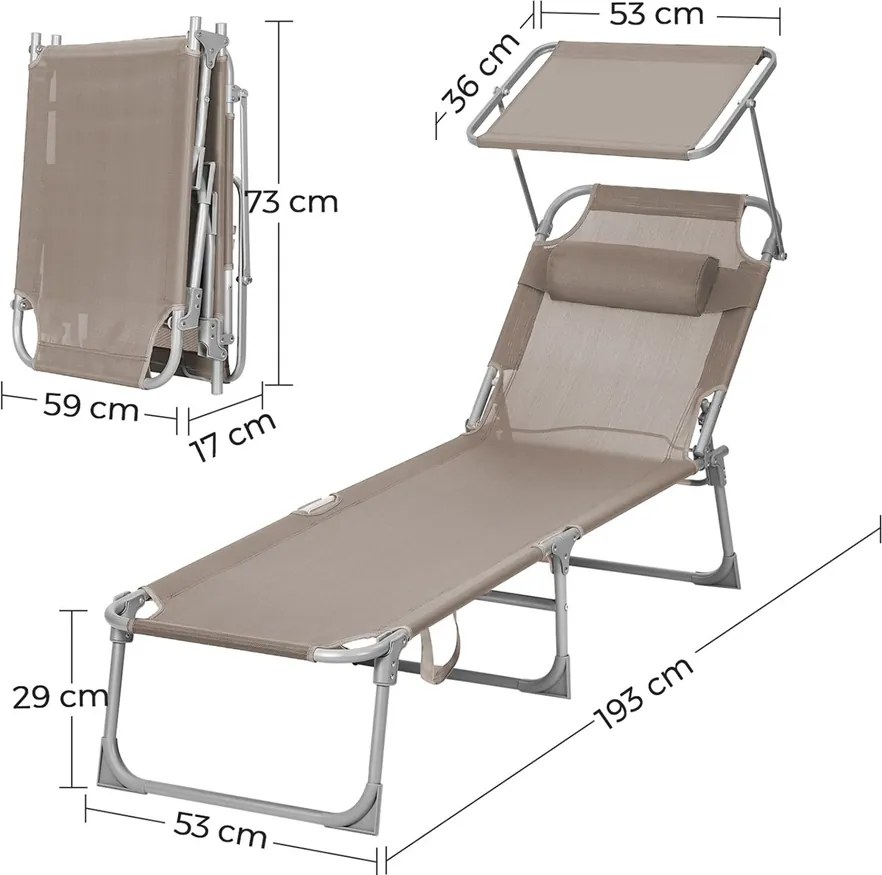 Șezlong de grădină LAGUNA cu copertină reglabilă, 193x59x30cm, maro-gri (taupe) SongmicsHome