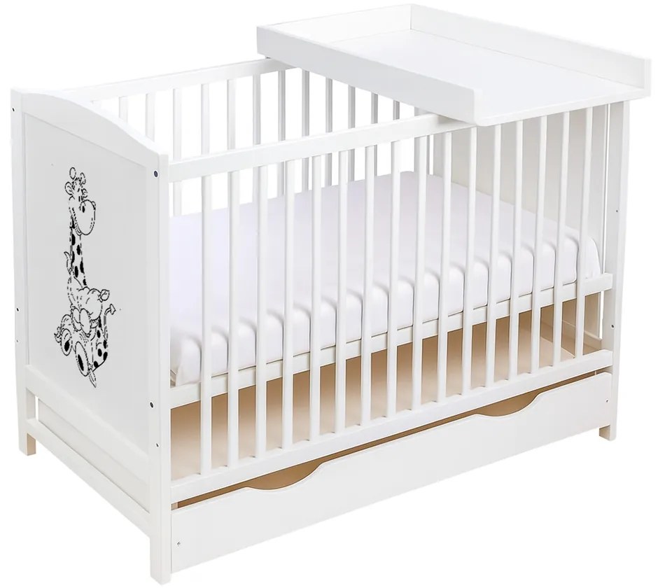 Patut din lemn masiv 120x60 cm Bria alb cu sertar, masuta infasat din lemn inclusa, reglabil pe 3 nivele, certificat EN71