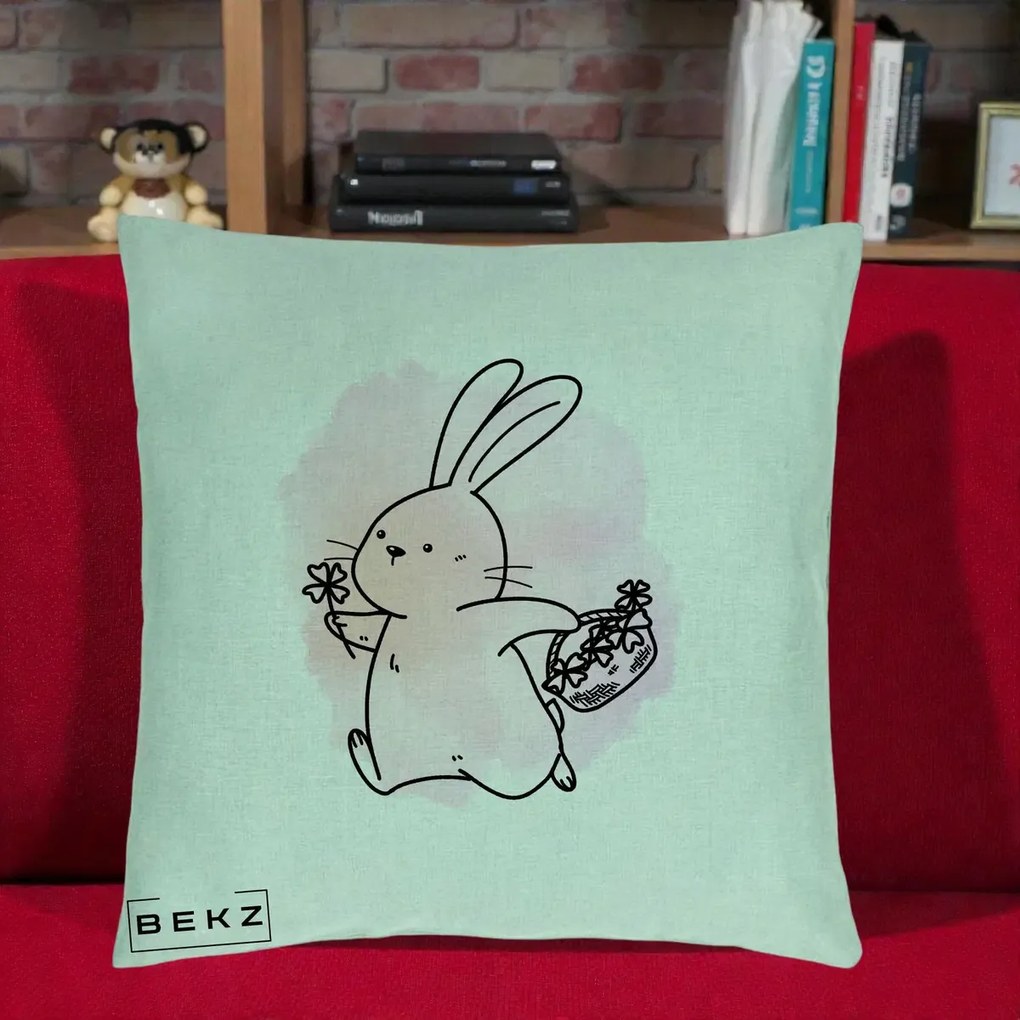 Perna Decorativa Iepuras Kawaii cu Cosulet Floral, 40x40 cm, Verde Menta, Husa Detasabila, Perna Inclusa, BEKZ®