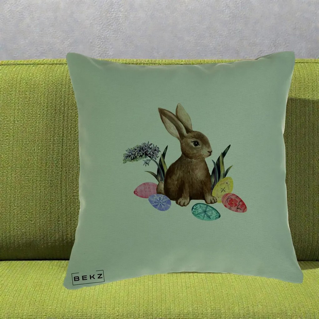 Perna Decorativa Iepuras cu Oua de Pasti Acuarela, 40x40 cm, Verde, Husa Detasabila, Perna Inclusa, BEKZ®