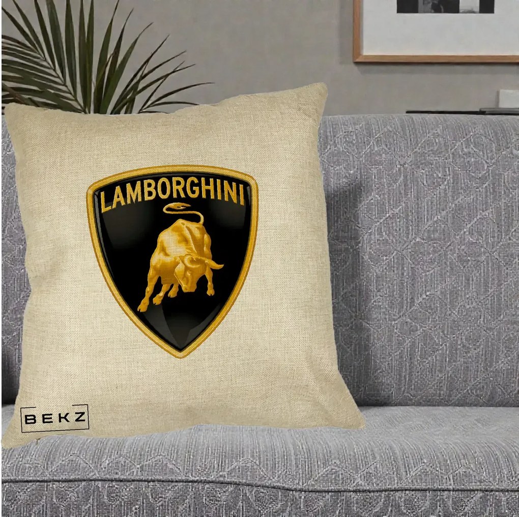 Perna Personalizata cu emblema Lamborghini, 40x40 cm, Crem, Husa Detasabila, Perna Inclusa, BEKZ®