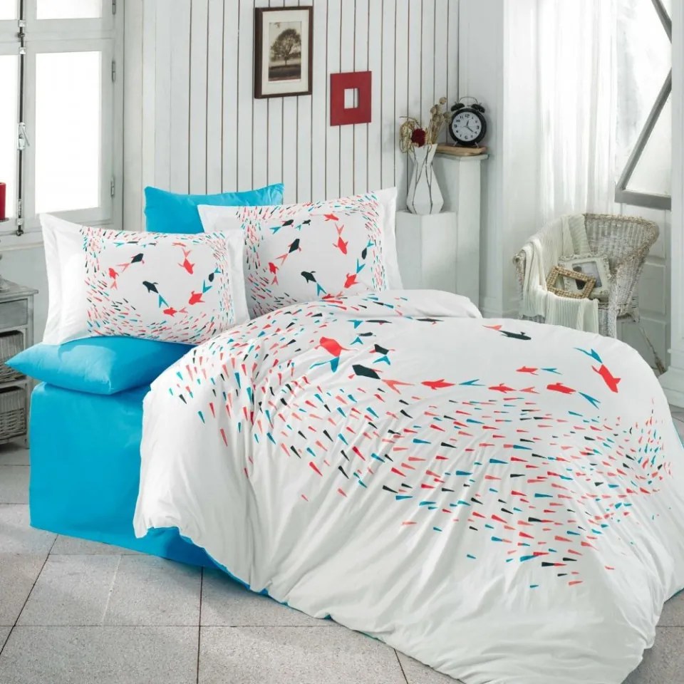Lenjerie de pat, bumbac 100% poplin, alb / turquoise, 4 piese, HBP-64