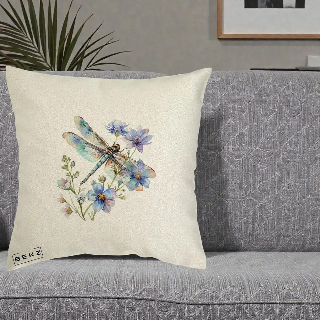 Perna Decorativa Libelula Acuarela Flori Albastre, 40x40 cm, Ecru, Husa Detasabila, Perna Inclusa, BEKZ®