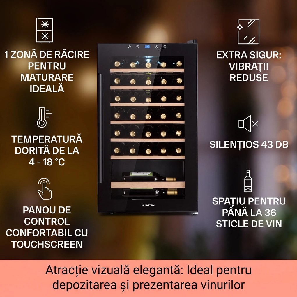 Klarstein Barossa 32 Uno, frigider pentru vin, 1 zonă, 95 litri/ 36 de sticle, ecran tactil