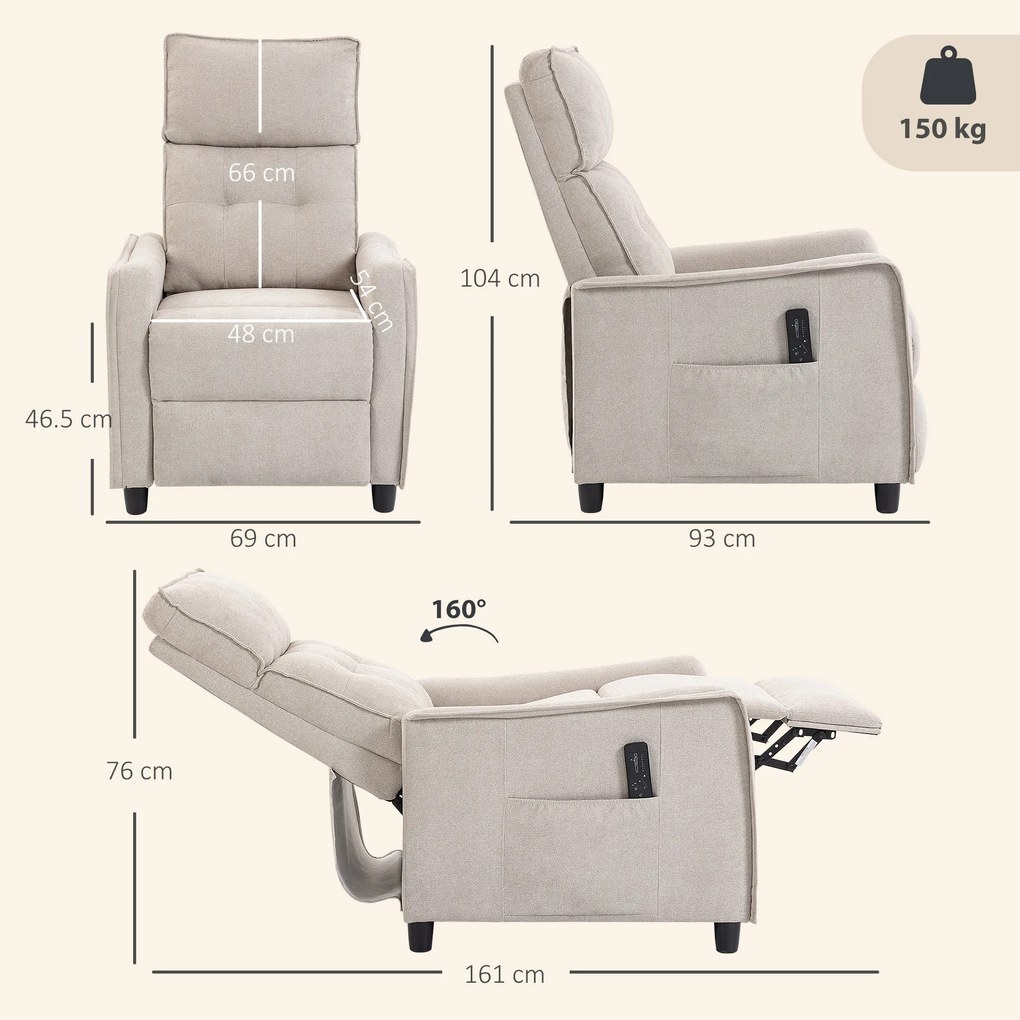 HOMCOM Fotoliu Masaj Reclinabil Manual din Material Textil Tip In cu Telecomandă, Crem | Aosom Romania