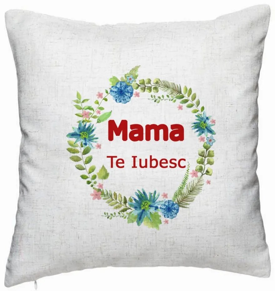 Perna Decorativa, Model Mama Te Iubesc, 40x40 cm, Alb Murdar, Husa Detasabila, Burduf