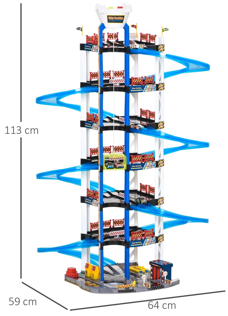 HOMCOM Garaj Jucarie cu 7 Niveluri cu Rampe si Masinute, Ascensor cu Lumini si Sunete, Varsta 3-6 Ani, 64x59x113cm, Multicolor