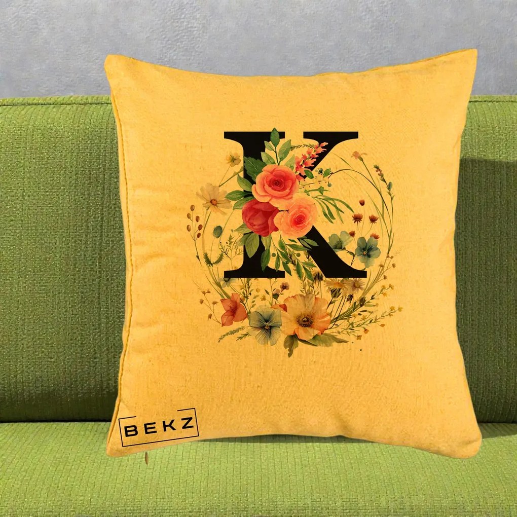 Cadou Personalizat - Perna Personalizata Monogram Litera K cu Flori Acuarela, 40x40 cm, Galben, Husa Detasabila, Perna Inclusa, BEKZ®