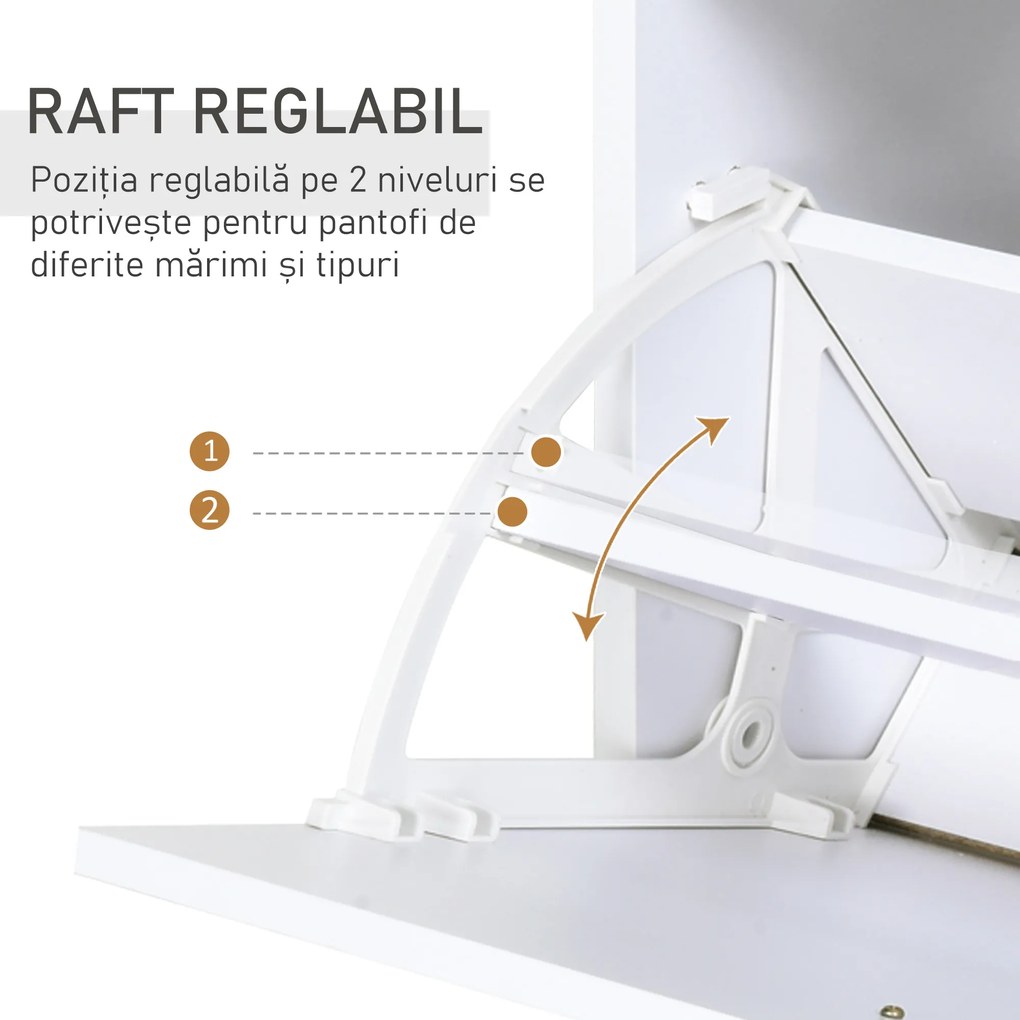 HOMCOM Dulap pentru Pantofi cu 2 Uși pe 2 Niveluri, Sertar și Raft din Sticlă, Dulap pentru Pantofi, 60x24x105,5 cm, Alb | Aosom Romania