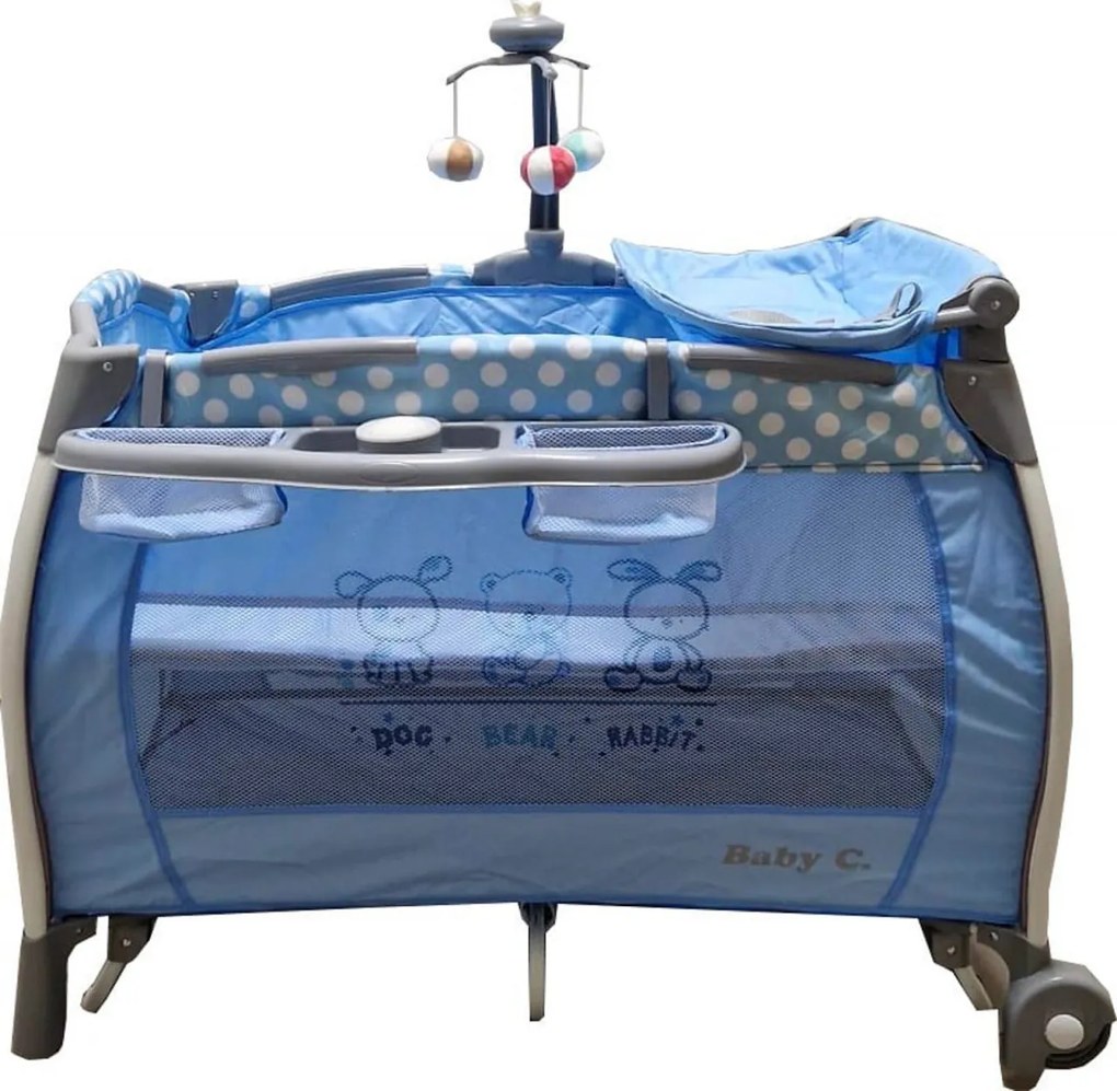 Patut Pliabil rotund cu balansoar, Tarc copii Baby Care™ PRO FRW, 2 Niveluri de inaltime, Cu melodii si Masa infasat, Carusel cu jucarii din plus,
