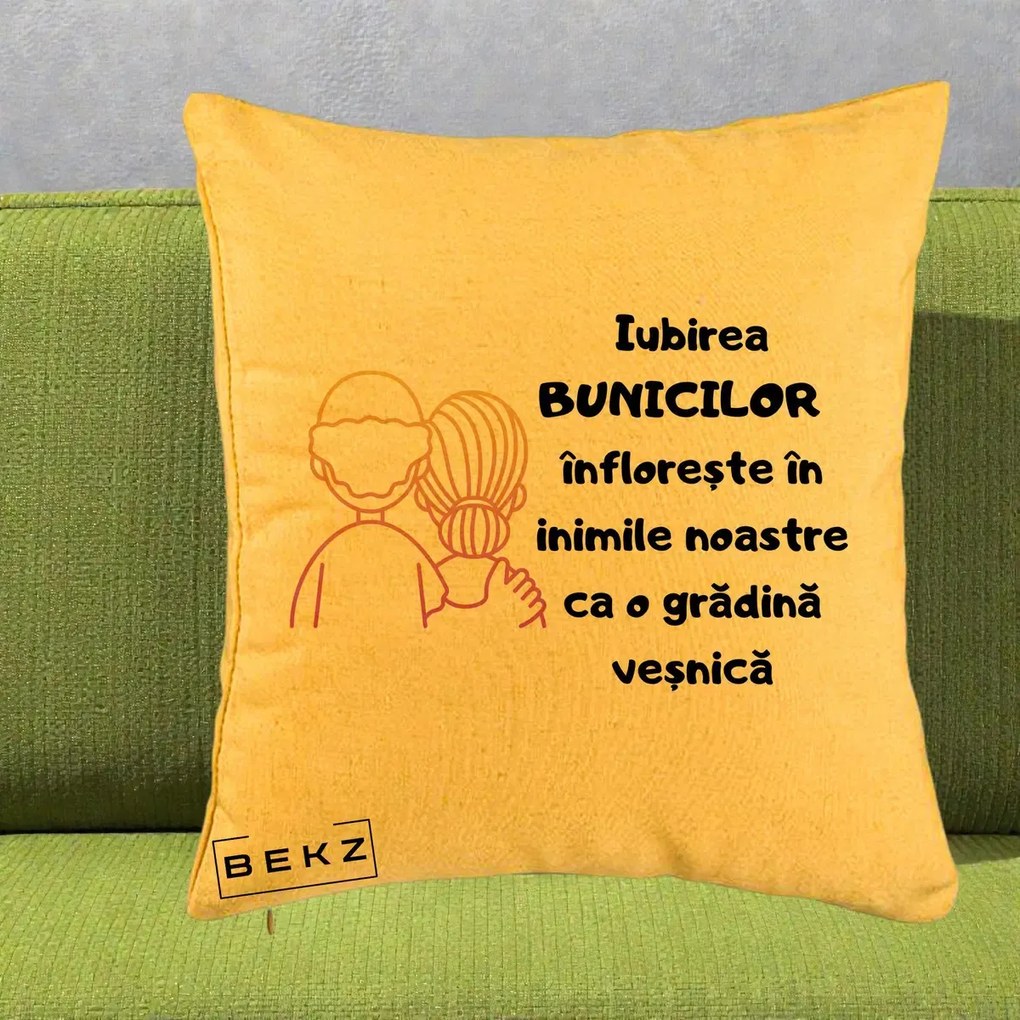 Cadou pentru Bunici - Perna Personalizata Iubirea Bunicilor Infloreste Cuplu Line Art Gradient, 40x40 cm, Galben, Husa Detasabila, Perna Inclusa, BEKZ®