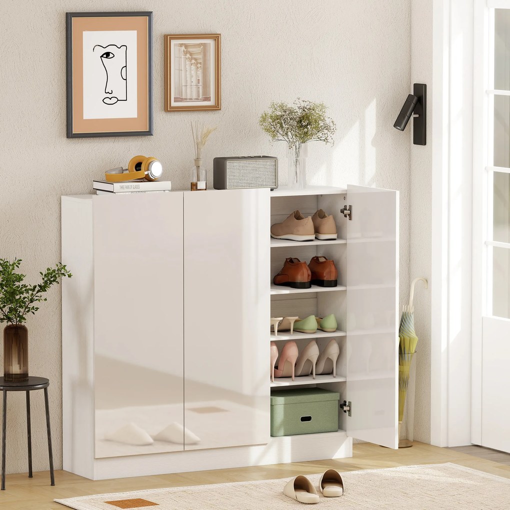 HOMCOM Dulap de Pantofi pentru 25-30 de Pantofi cu Uși Amortizate, Alb Lucios | Aosom Romania