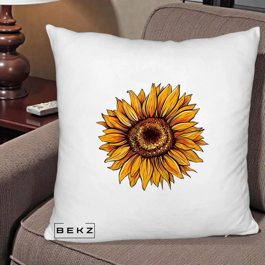 Perna Decorativa Floarea Soarelui Vibranta, 40x40 cm, Alb Pufos, Husa Detasabila, Perna Inclusa, BEKZ®