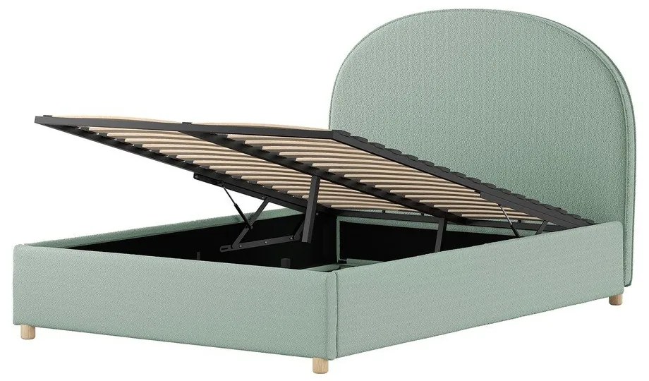 Pat matrimonial verde tapițat cu spațiu de depozitare cu somieră 140x200 cm Moon – Vipack