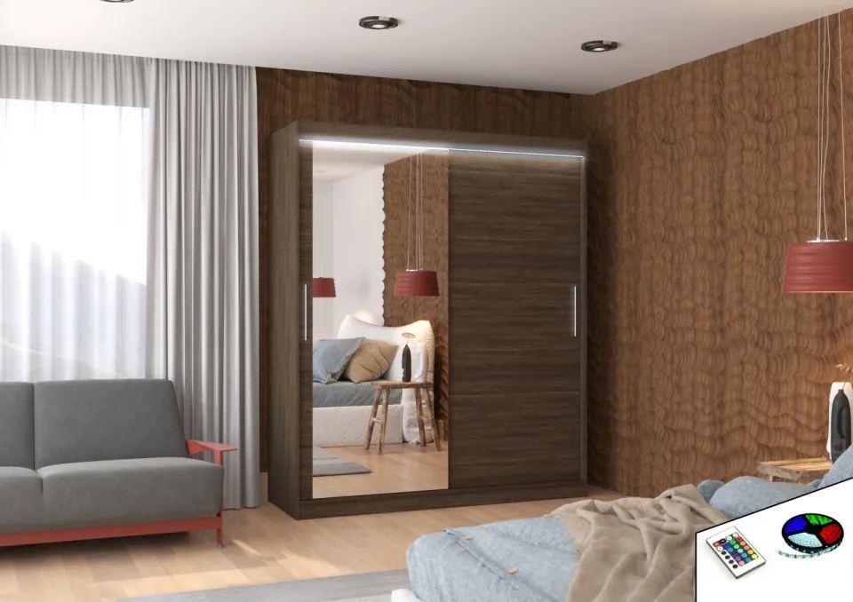 Dulap cu usi glisante si oglinda + iluminare LED, Tom 180 + LED, 180 cmx200 cmx58 cm, ADRK Furniture (Culoare: Sonoma)
