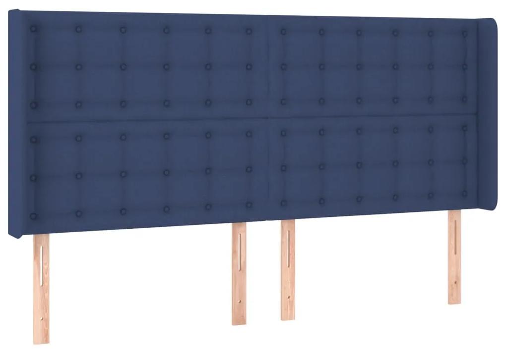 Pat cu arcuri, saltea si LED, albastru, 160x200 cm, textil Albastru, 160 x 200 cm, Nasturi de tapiterie