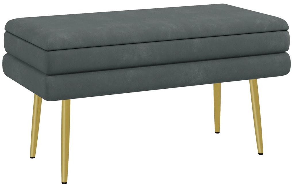 HOMCOM Banc bancă cutie de depozitare 2 în 1 cu asistent aspect de catifea și picioare din oțel - 79,5L x 37,5P x 43H cm gri și aurit | Aosom Romania