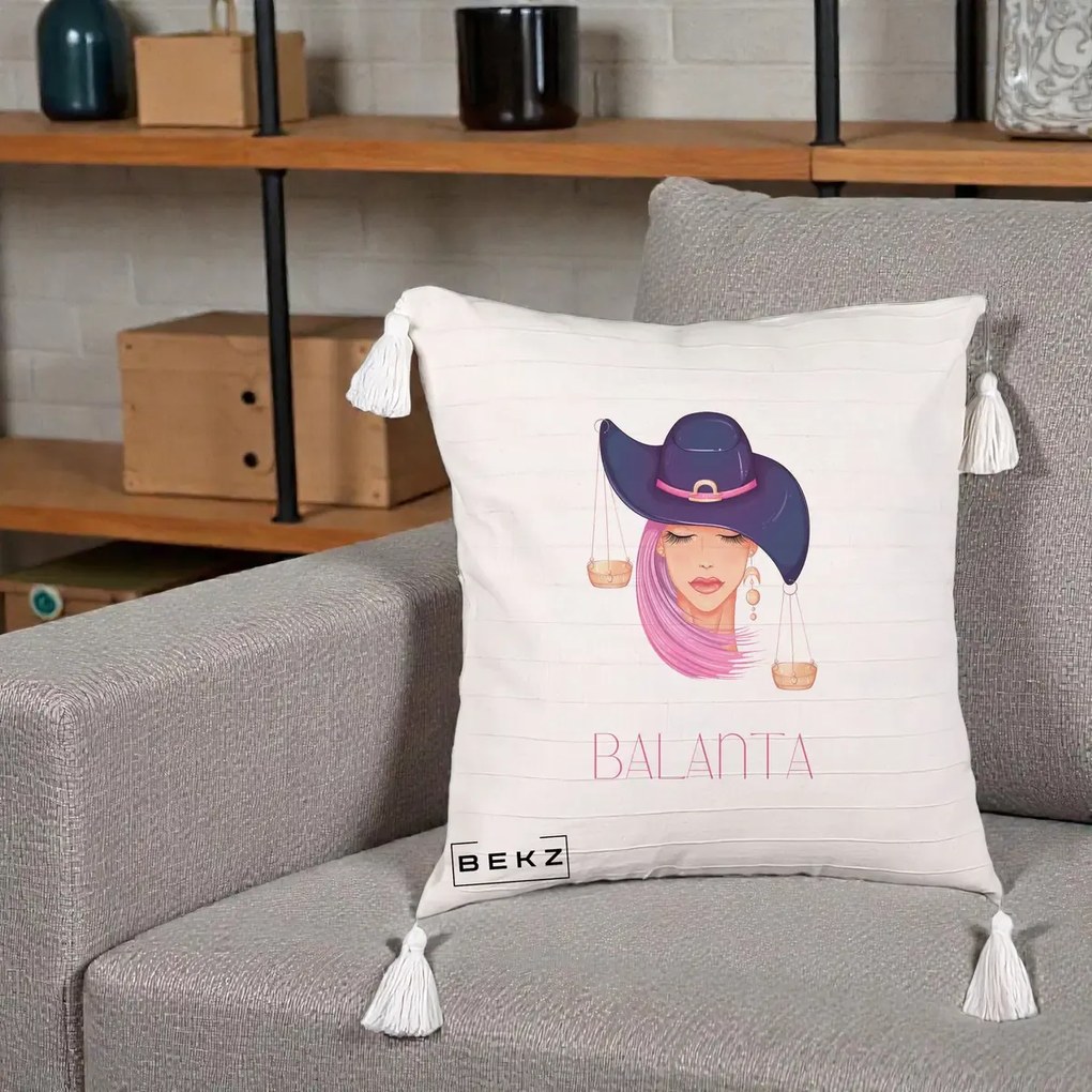 Perna Personalizata Zodiac Balanta Cowgirl, 40x40 cm, Bej cu Franjuri, Husa Detasabila, Perna Inclusa, BEKZ®