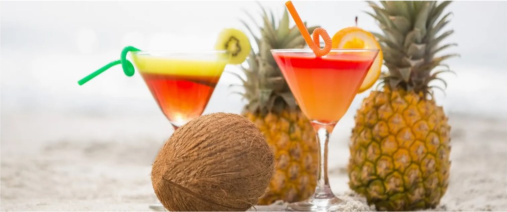 Tablou cu ananas și pahare pe plajă (120x50 cm)
