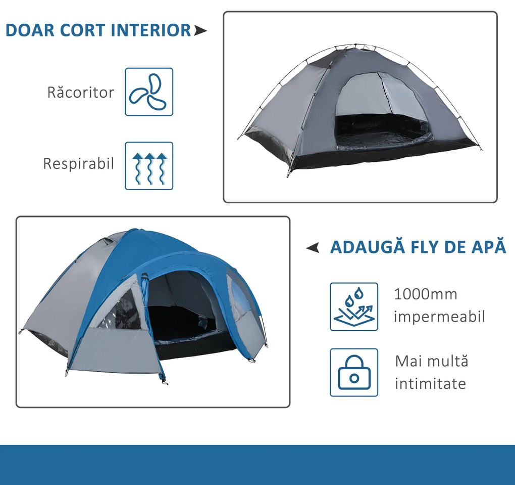 Outsunny Cort de Camping pentru 4 Persoane, cu Spațiu de Depozitare, Albastru, 3x2.50x1.30m | Aosom Romania