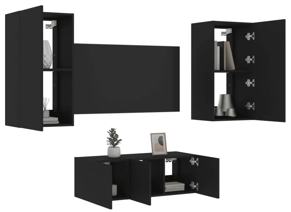 3216819 vidaXL Unități de perete TV cu LED-uri, 4 piese, negru, lemn prelucrat