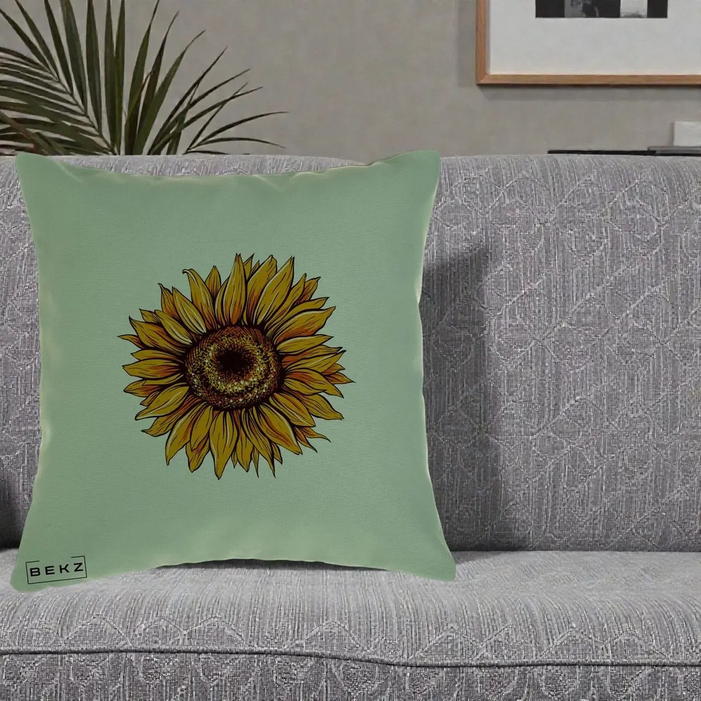 Perna Decorativa Floarea Soarelui Vibranta, 40x40 cm, Verde, Husa Detasabila, Perna Inclusa, BEKZ®