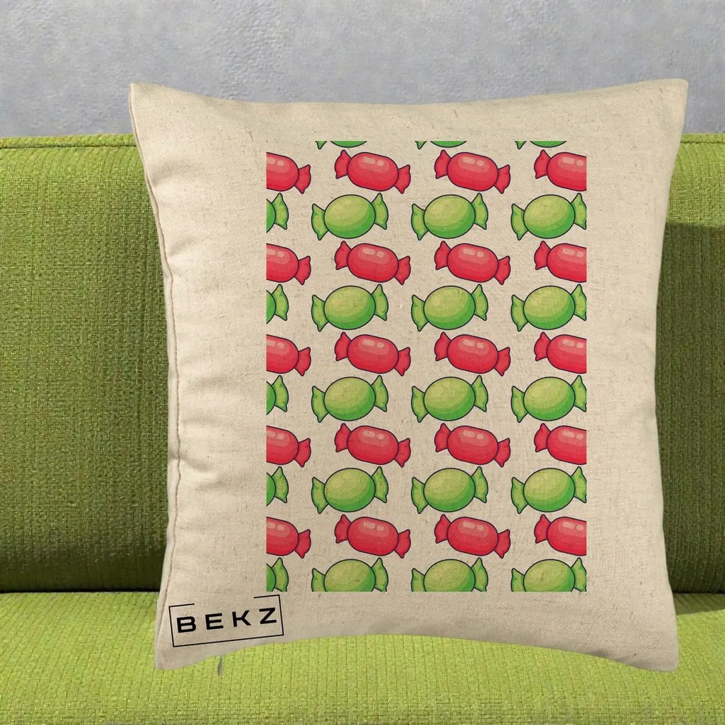 Perna Decorativa Bomboane Craciun Pattern, 40x40 cm, Bej, Husa Detasabila, Perna Inclusa, BEKZ®