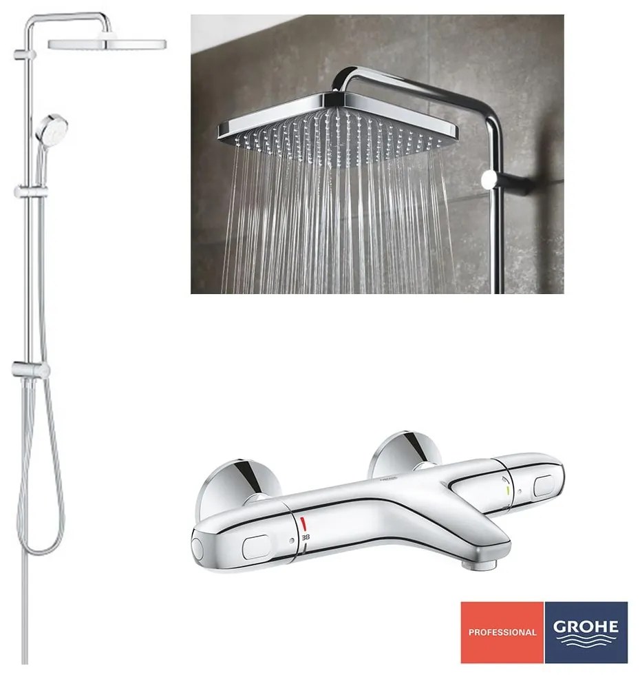 Pachet: Coloana dus Grohe Tempesta 250,palarie patrata, baterie cada/dus Grohtherm 1000 (26694001, 34816003 )